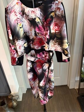 Badgley Mischka Black Floral Sheath Dress with Pink & Yellow Blooms